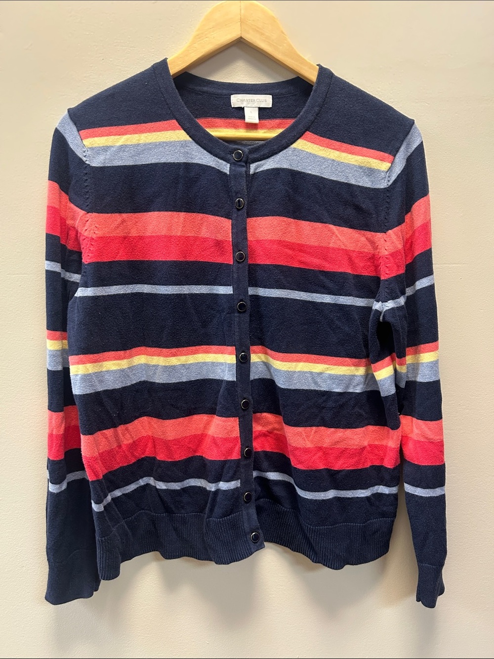Charter Club Navy Striped Button Cardigan with Coral Blue and Yellow Accents